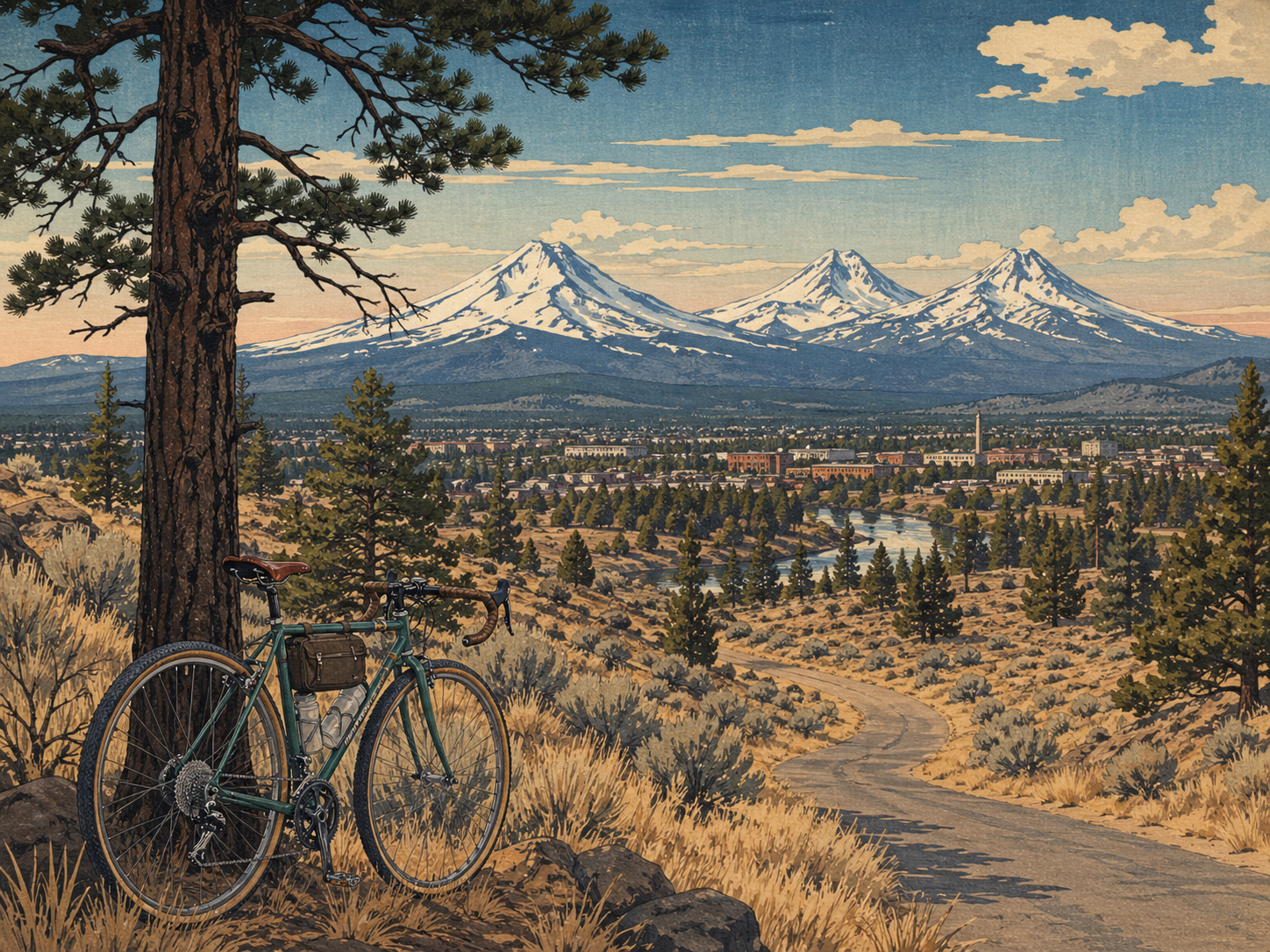 ベンドのハイデザート、カスケード山脈、自転車を描いた風景