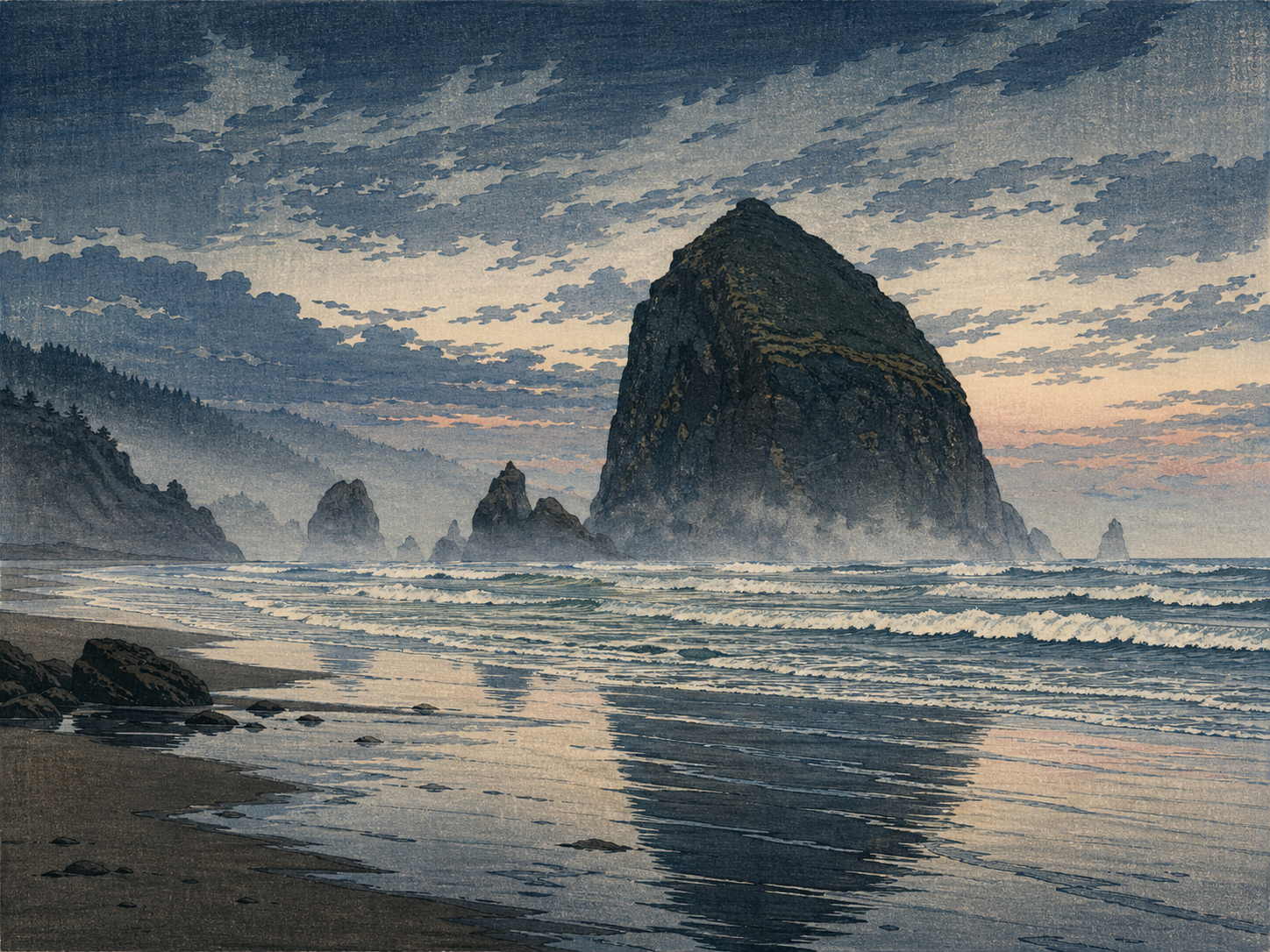 霧に包まれたキャノンビーチとヘイスタックロック