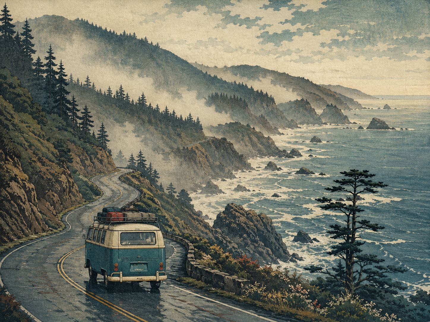 オレゴン海岸道路を走る古い車と太平洋の霧