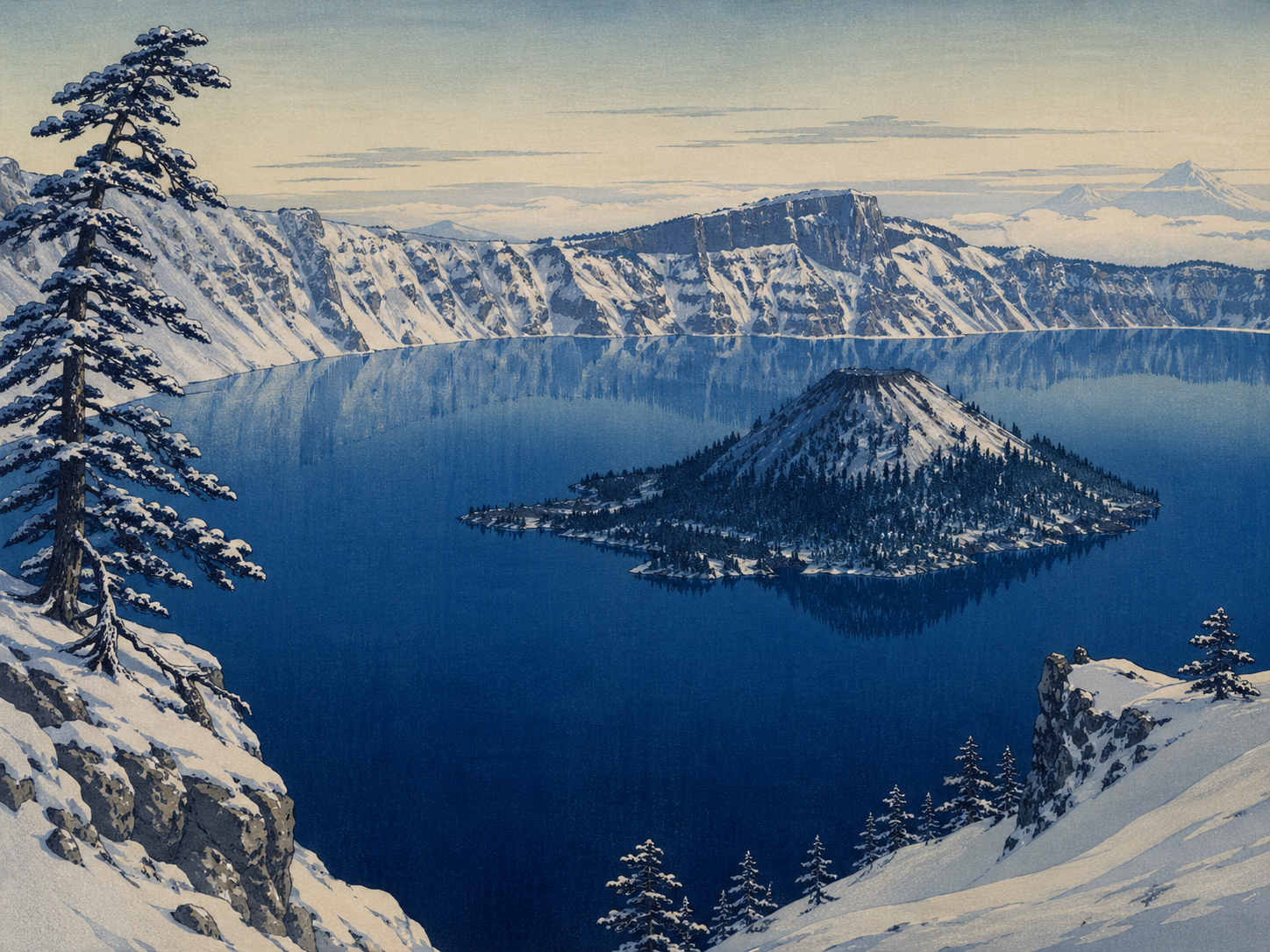 雪の火山縁から見るクレーター湖の青い沈黙