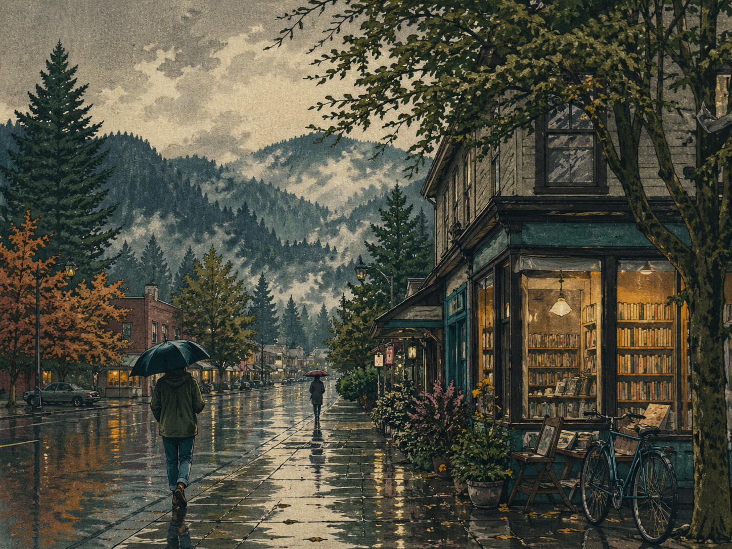 雨のオレゴンの町と森