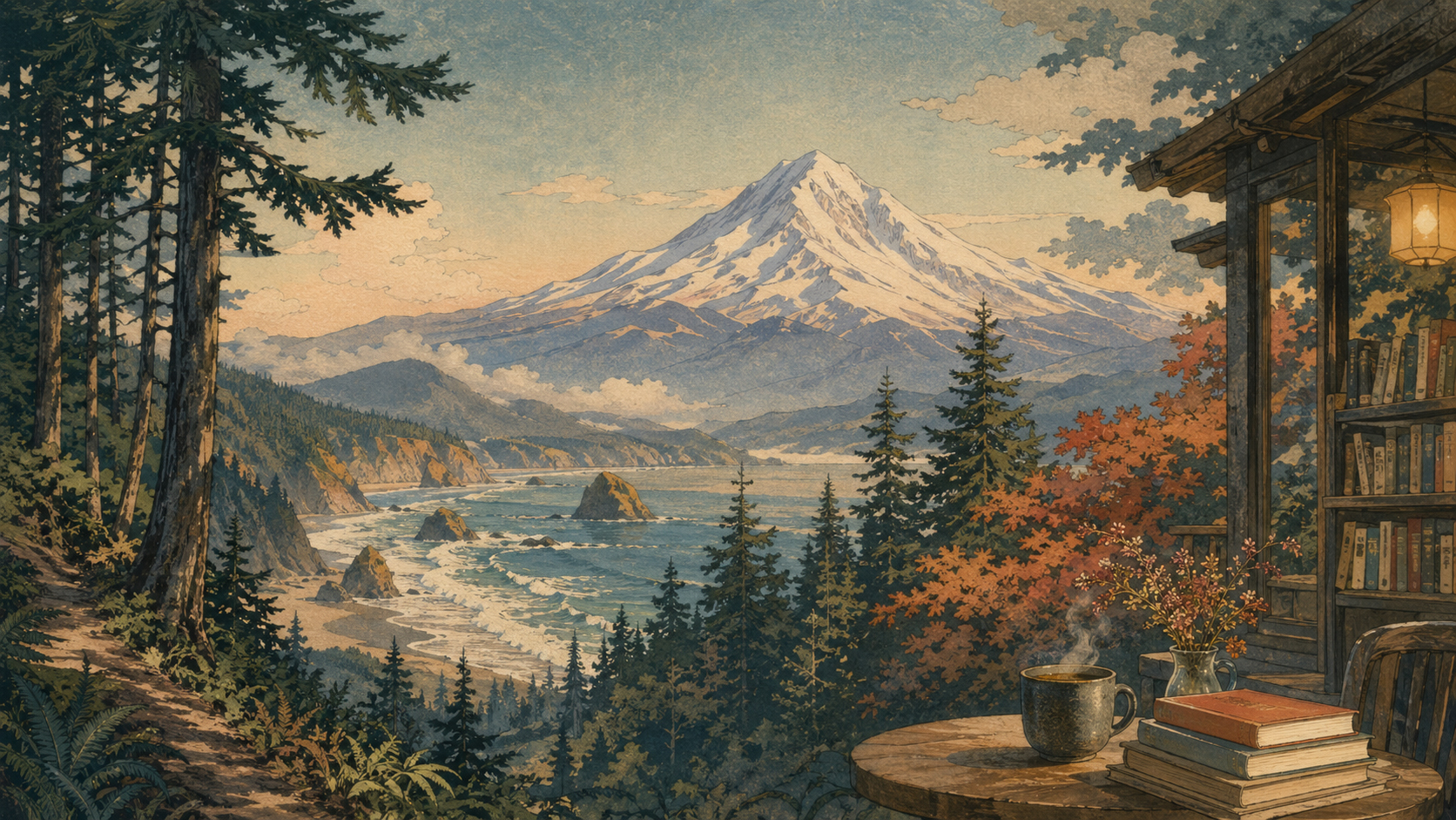 森、海岸、火山湖、本屋、コーヒーをまとめたオレゴンのギャラリー風景