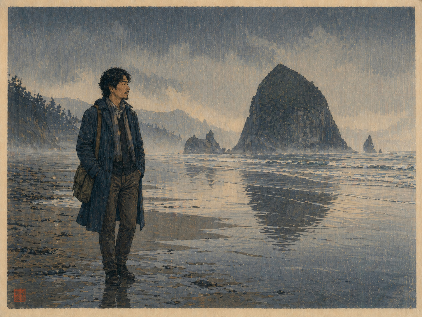 キャノンビーチの霧の中で太平洋を見るヒロ