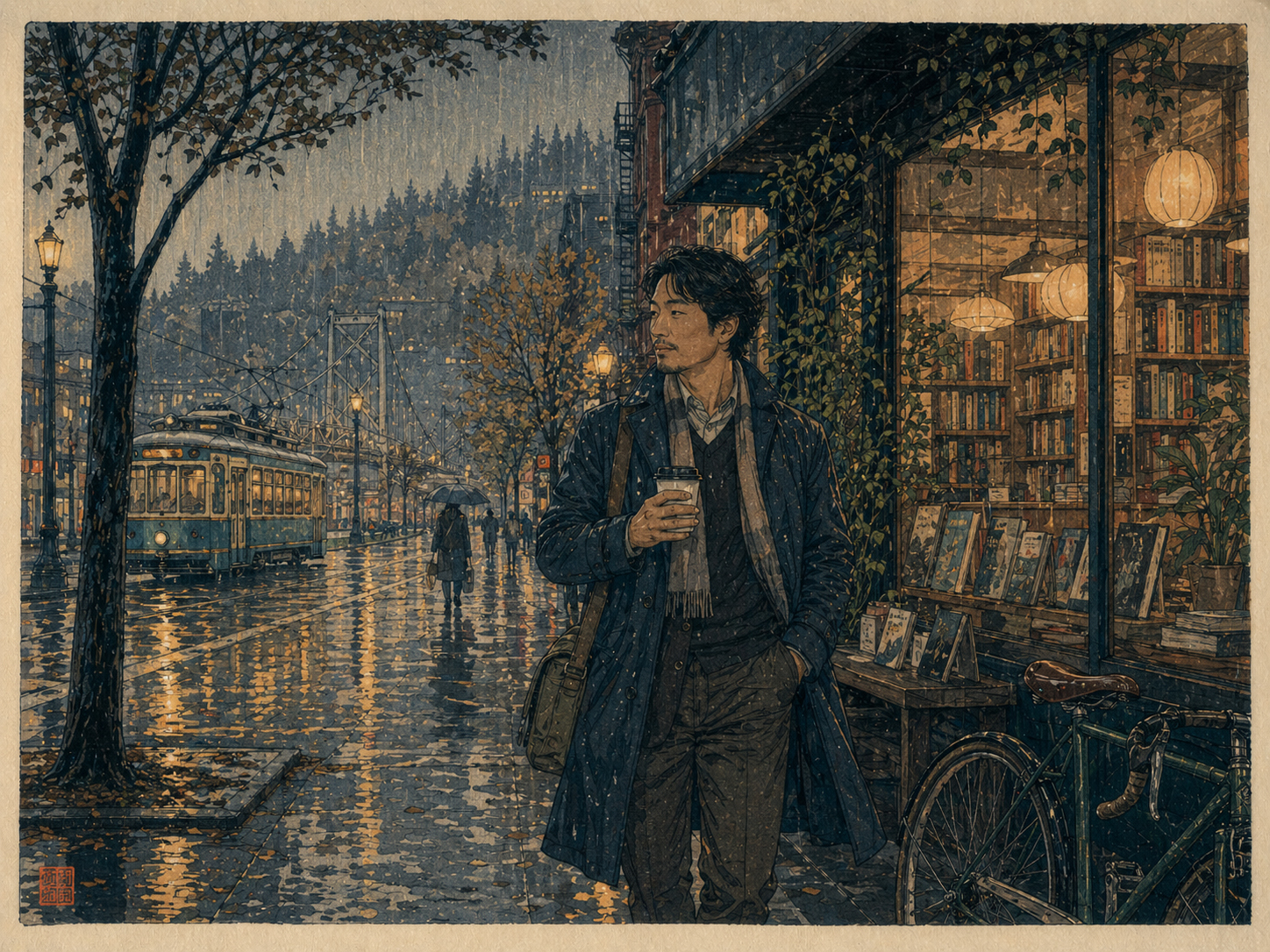 ポートランドの雨の日に本屋とカフェを歩くヒロ