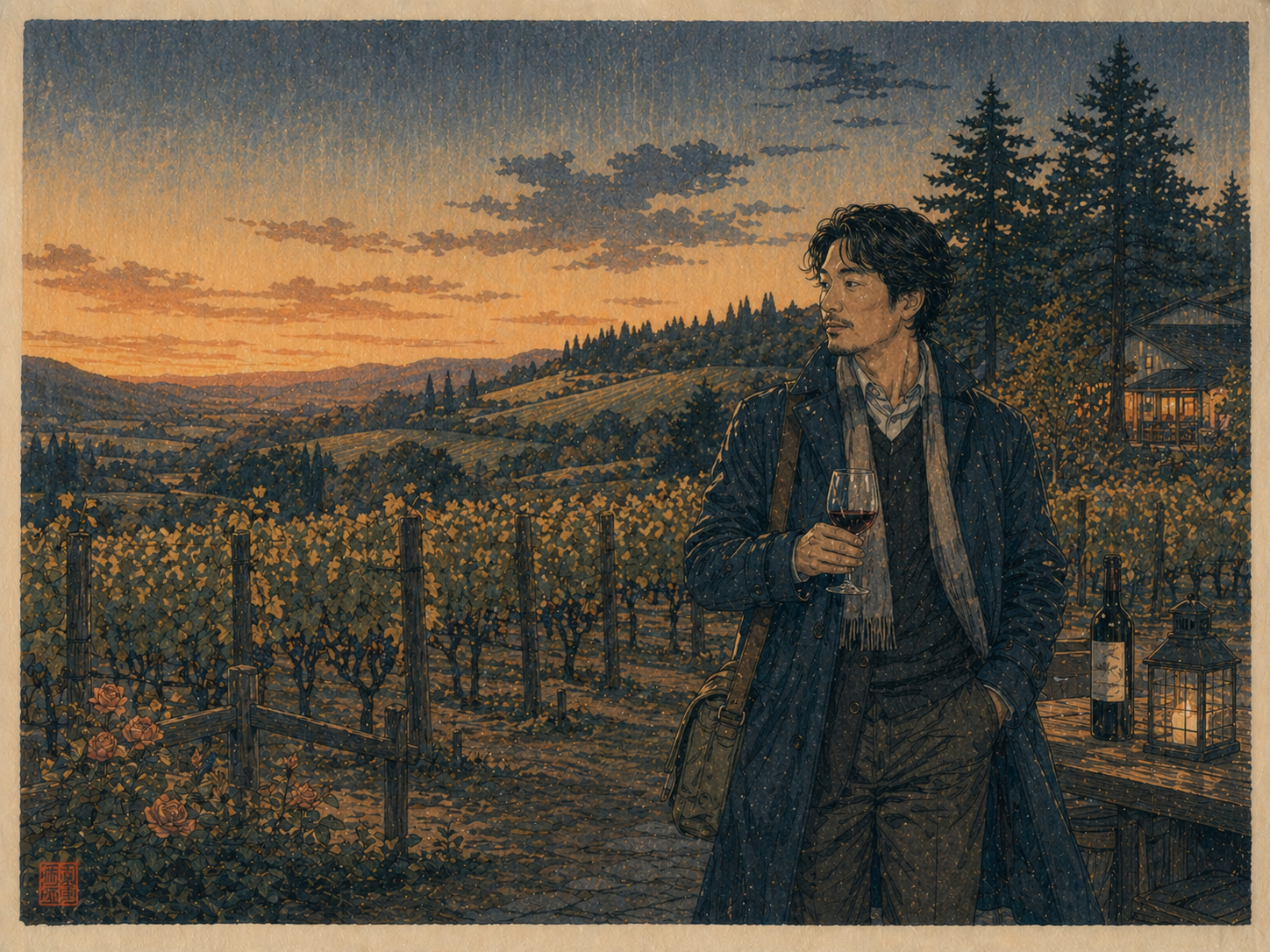 ウィラメット・バレーの夕暮れのワイン畑に立つヒロ