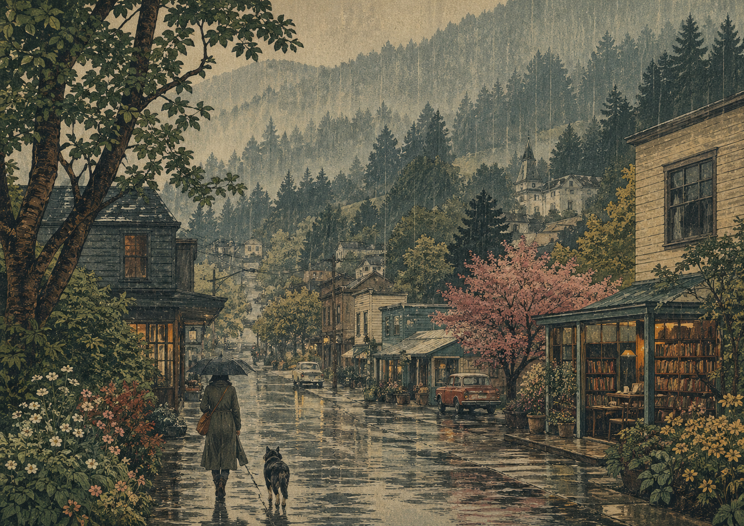 雨の森と小さな町が重なるオレゴンの静かな風景