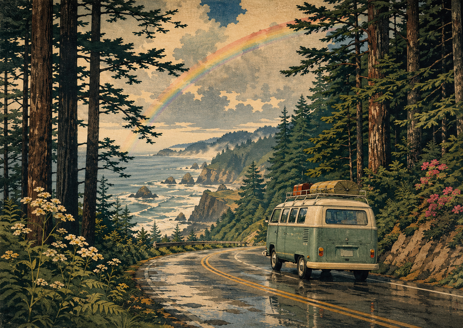 雨上がりのオレゴン、森と海岸道路と古い旅の車を描いた日本木版画風の風景