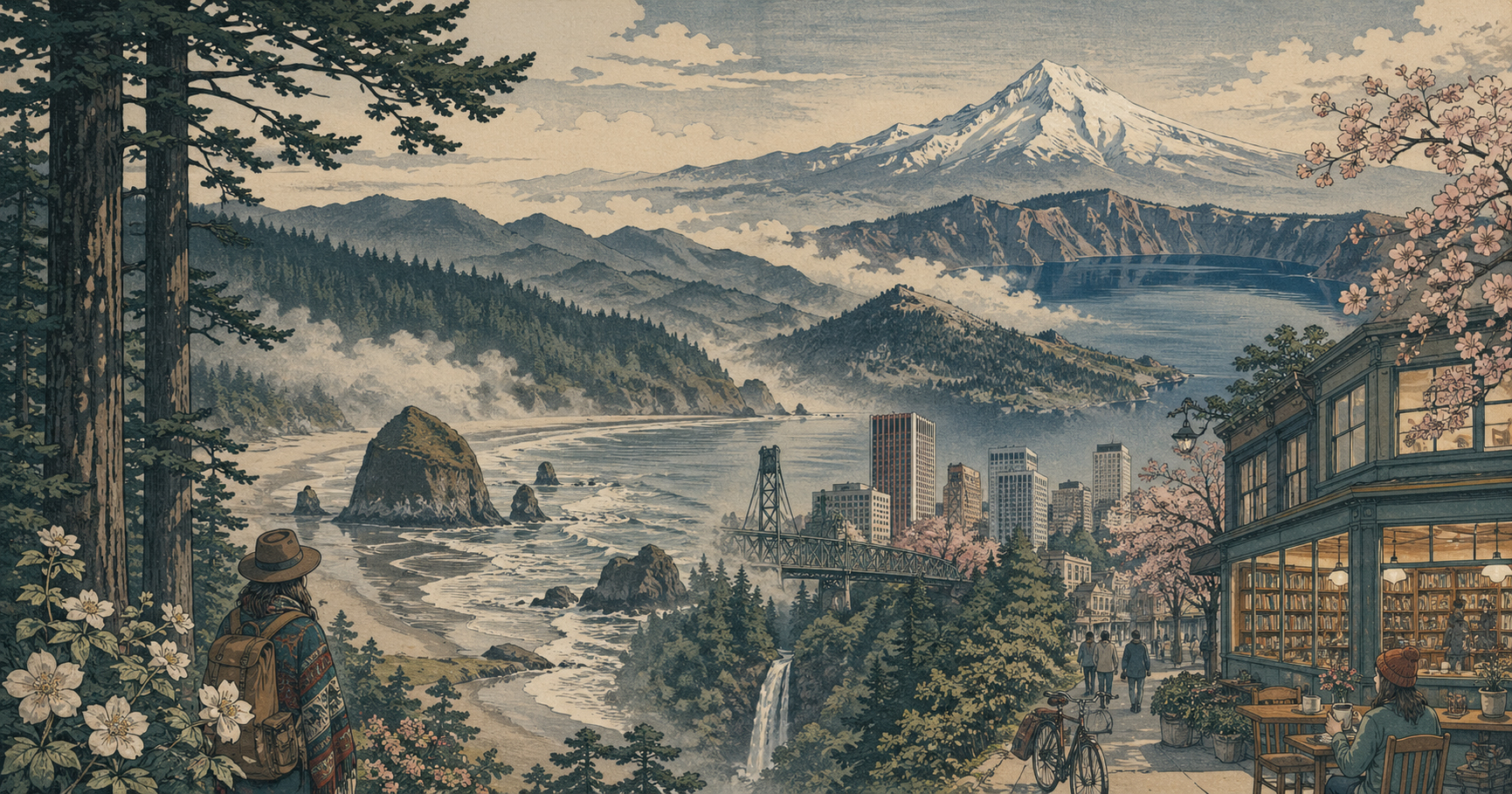 森、海岸、ポートランド、コーヒー、火山を重ねたオレゴンの風景