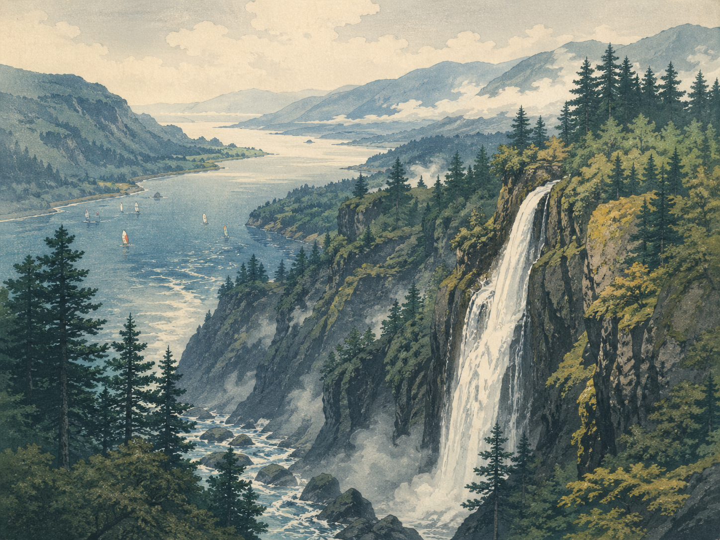 コロンビア川渓谷の滝と風を描いた風景