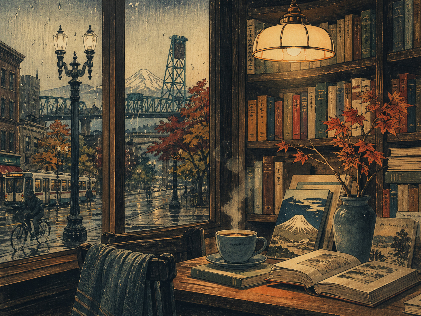 雨の窓辺、本屋、コーヒーのあるポートランド