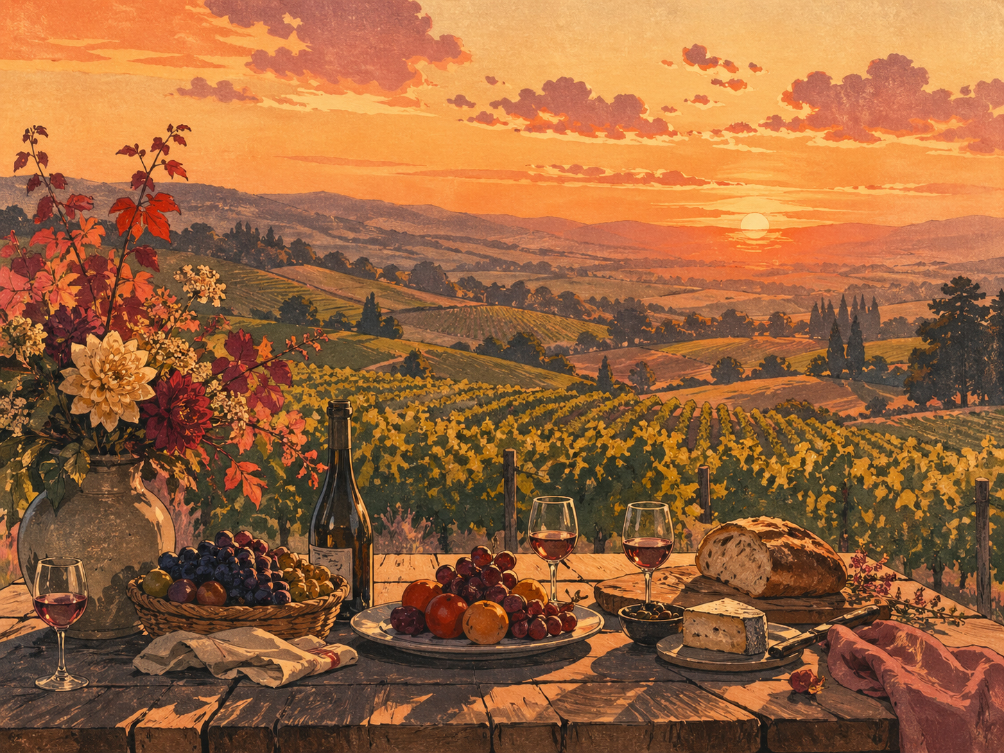 ウィラメット・バレーの夕暮れのワイン畑と食卓
